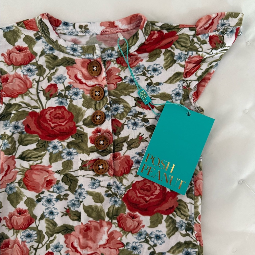 Posh Peanut Ruffled Cap Sleeve Henley Short Romper - Alma